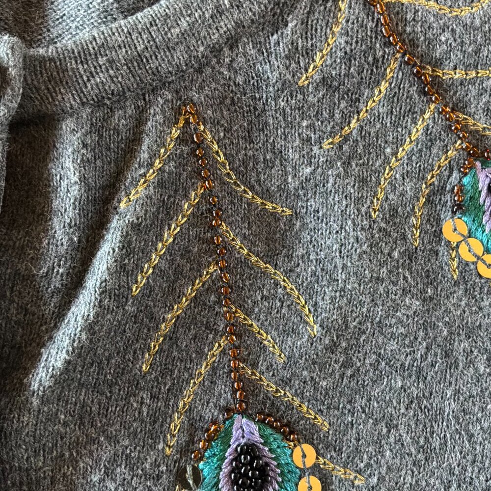 Lands End women's embroidered beaded gray cardigan cotton/cashmere size Large - Picture 6 of 12